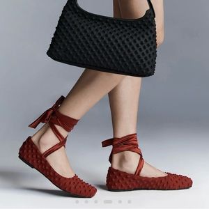 CHET LO COLLAB BALLET FLATS KNIT TEXTURED WINE/BERRY ANKLE WRAP SQUARE TOE sz6.5